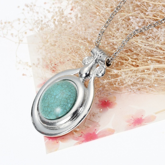Picture of Jewelry Necklace Round Silver Tone Green Turquoise 65cm(25 5/8") long, 1 Piece