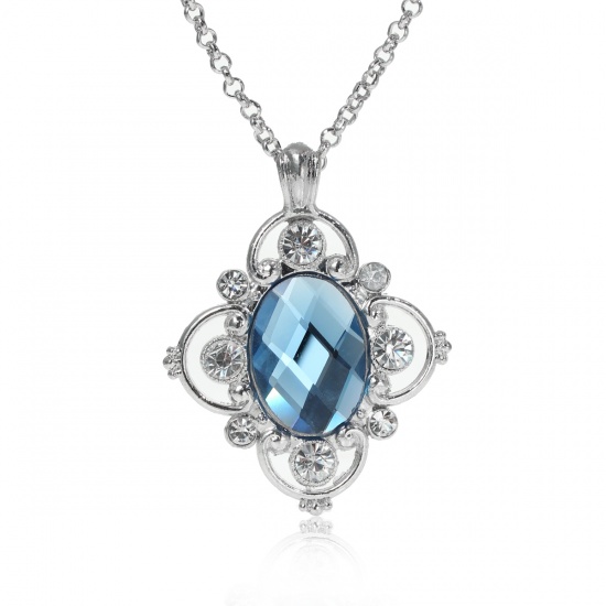 Picture of Jewelry Necklace Flower Silver Tone Acrylic Blue & Clear Rhinestone 65cm(25 5/8") long, 1 Piece