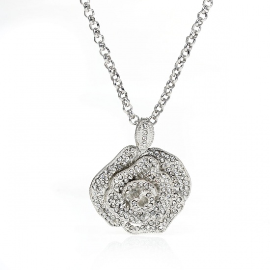 Picture of Jewelry Necklace Rose Flower Silver Tone Clear Rhinestone 65cm(25 5/8") long, 1 Piece