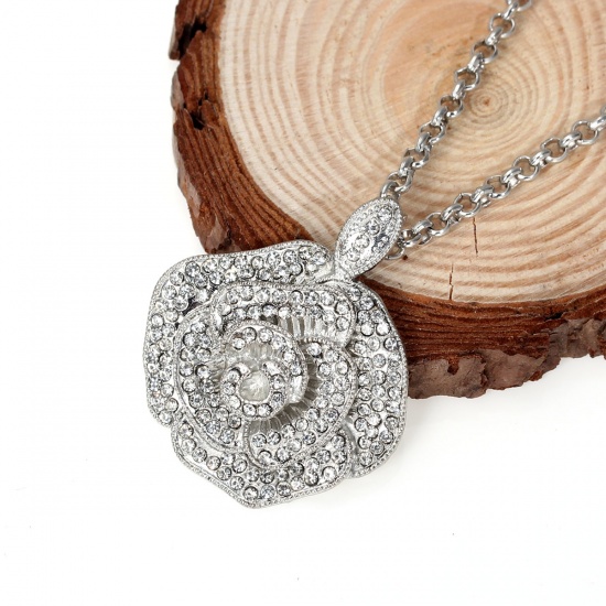 Picture of Jewelry Necklace Rose Flower Silver Tone Clear Rhinestone 65cm(25 5/8") long, 1 Piece
