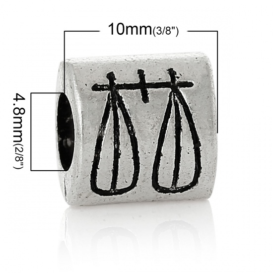 Picture of Zinc Metal Alloy European Style Large Hole Charm Beads Rectangle Antique Silver Color Libra Carved About 10mm( 3/8") x 9mm( 3/8"), Hole: Approx 4.8mm, 50 PCs