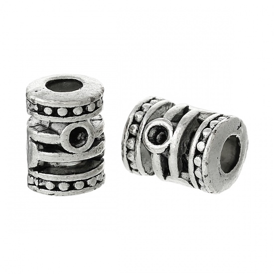 Immagine di Lega di Zinco Stile Europeo Perline Cilindrico Argento Antico Circa 13.0mm x 9.0mm, Foro: Circa 4.5mm, 30 Pz