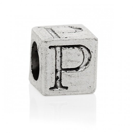 Picture of Zinc Metal Alloy European Style Large Hole Charm Beads Cube Antique Silver Alphabet/Letter "P" Carved About 7mm( 2/8") x 7mm( 2/8"), Hole: Approx 4.8mm, 100 PCs