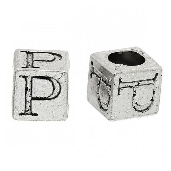 Picture of Zinc Metal Alloy European Style Large Hole Charm Beads Cube Antique Silver Alphabet/Letter "P" Carved About 7mm( 2/8") x 7mm( 2/8"), Hole: Approx 4.8mm, 100 PCs