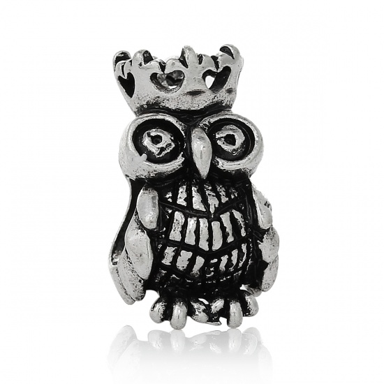 Picture of Zinc Metal Alloy European Style Large Hole Charm Beads Crown Owl Halloween Antique Silver About 18mm x 11mm, Hole: Approx 5.4mm, 20 PCs