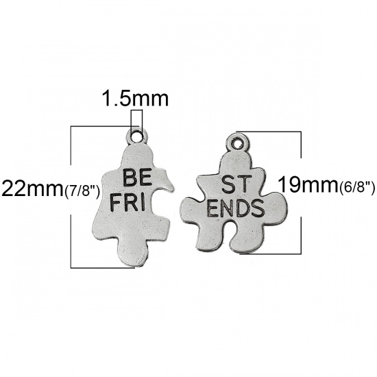 Picture of Charm Pendants Puzzle Antique Silver "Best Friends" Carved 22mm x 12mm 19mm x 17mm,50Sets
