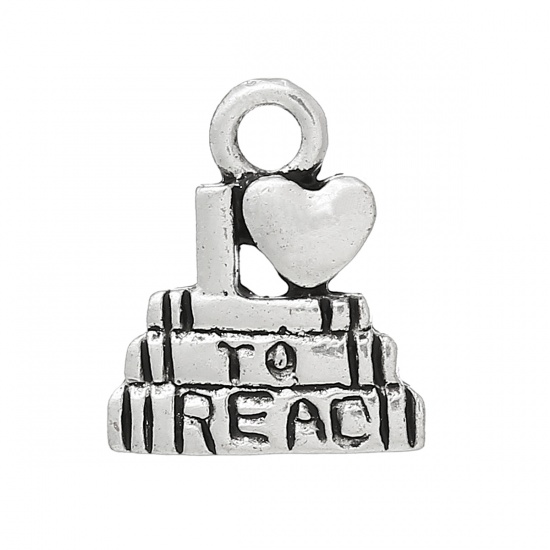 Picture of Zinc Based Alloy Charms Irregular Antique Silver Color Message " I Love To Read " Carved 14mm( 4/8") x 12mm( 4/8"), 250 PCs