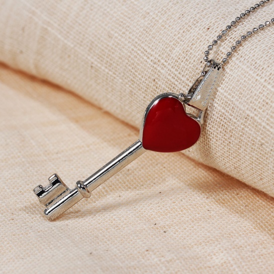 Picture of Jewelry Necklace Heart Key Silver Tone Red Enamel Clear Rhinestone 44.5cm(17 4/8") long, 3 PCs