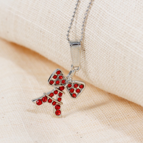 Picture of Jewelry Necklace Bowknot Paris Travel Eiffel Tower Silver Tone Red Rhinestone 44.5cm(17 4/8") long, 2 PCs