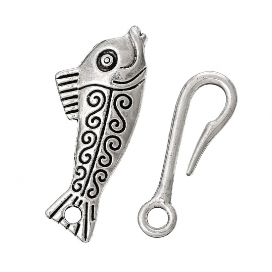 Picture of Hook Clasps Fish Antique Silver Color (Lead,Nickel Free) 5.6cm x 1.4cm,10 Sets