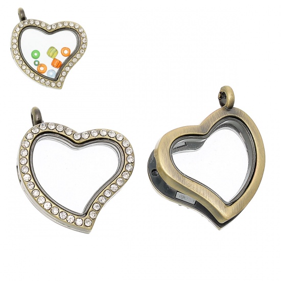 Picture of Zinc Based Alloy Floating Living Memory Glass Locket Pendants Heart Antique Bronze Clear Rhinestone Magnetic Can Open 34mm(1 3/8") x 29mm(1 1/8"), 1 Piece