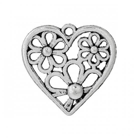 Picture of Zinc Metal Alloy Charm Pendants Heart Antique Silver Flower Carved Hollow 29mm(1 1/8") x 28.5mm(1 1/8"), 30 PCs