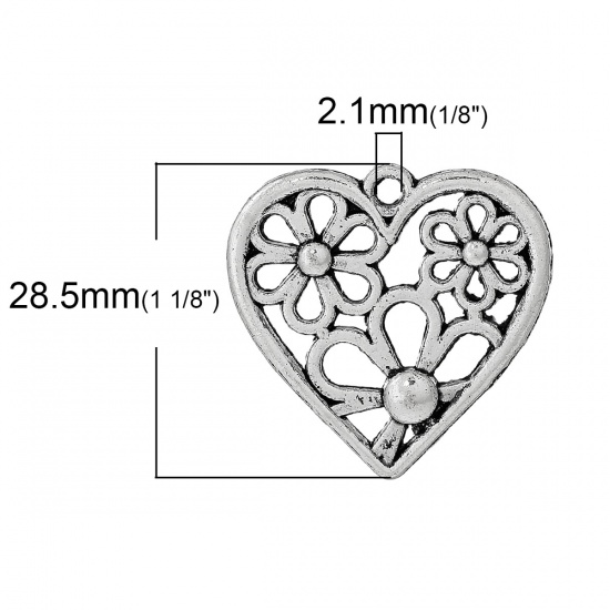 Picture of Zinc Metal Alloy Charm Pendants Heart Antique Silver Flower Carved Hollow 29mm(1 1/8") x 28.5mm(1 1/8"), 30 PCs