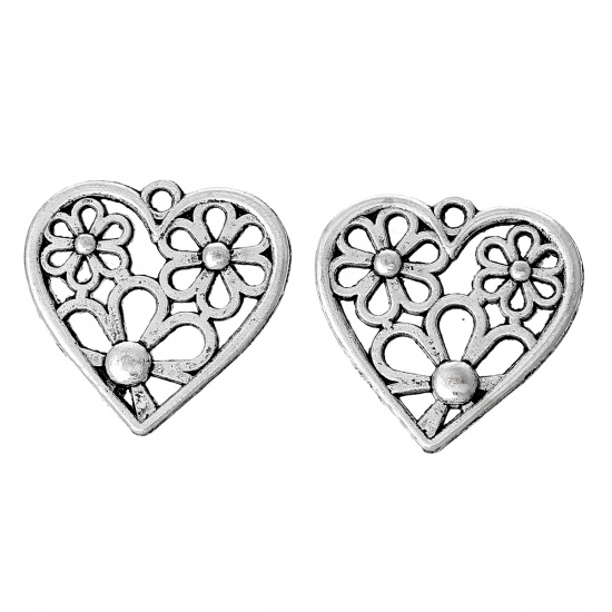 Picture of Zinc Metal Alloy Charm Pendants Heart Antique Silver Flower Carved Hollow 29mm(1 1/8") x 28.5mm(1 1/8"), 30 PCs