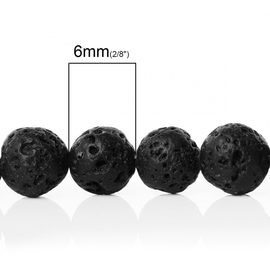 Image de (Classement B) Perles en Pierre de Lave ( Polissage) Rond Noir 6mm Dia, Trou: env. 1mm, 39cm long, 1 Enfilade (Env. 65 Pcs/Enfilade)
