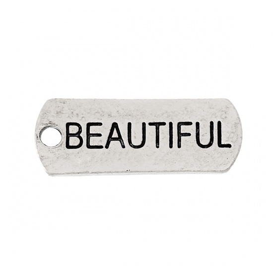 Bild von Zinklegierung Charm Anhänger Rechteck Antiksilber Message " beautiful " 21mm x 8mm, 30 Stücke
