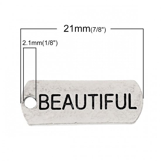 Bild von Zinklegierung Charm Anhänger Rechteck Antiksilber Message " beautiful " 21mm x 8mm, 30 Stücke