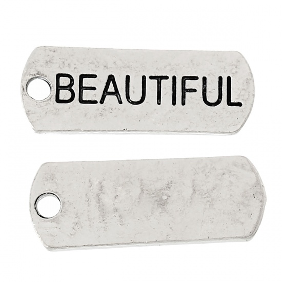 Picture of Zinc Metal Alloy Charm Pendants Rectangle Antique Silver Message " Beautiful " Carved 21mm x 8mm( 7/8" x 3/8"), 30 PCs