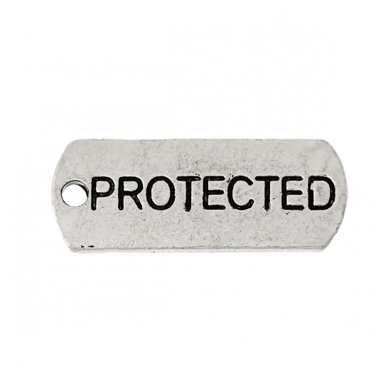 Immagine di Lega di Zinco Charm Ciondoli Rettangolo Argento Antico Lettere Disegno Protected Intagliato 21mm x 8mm, 30 Pz