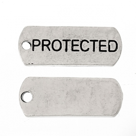 Bild von Zinklegierung Charm Anhänger Rechteck Antiksilber Message " Protected " 21mm x 8mm, 30 Stücke