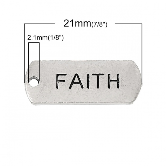 Bild von Zinklegierung Charm Anhänger Rechteck Antiksilber Message " FAITH " 21mm x 8mm, 30 Stücke