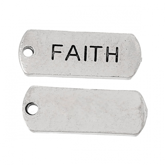 Picture of Zinc Metal Alloy Charm Pendants Rectangle Antique Silver Message " FAITH " Carved 21mm( 7/8") x 8mm( 3/8"), 30 PCs