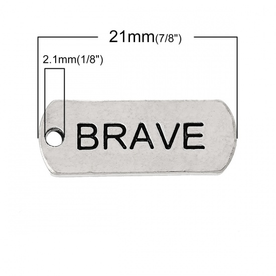 Picture of Zinc Metal Alloy Charm Pendants Rectangle Antique Silver Message " Brave " Carved 21mm( 7/8") x 8mm( 3/8"), 30 PCs