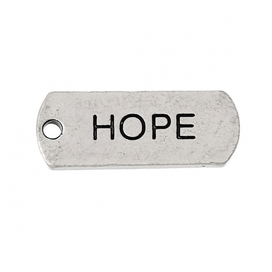 Bild von Zinklegierung Charm Anhänger Rechteck Antiksilber Message " hope " 21mm x 8mm, 30 Stücke
