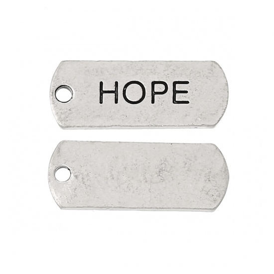 Picture of Zinc Metal Alloy Charm Pendants Rectangle Antique Silver Message " Hope " Carved 21mm( 7/8") x 8mm( 3/8"), 30 PCs