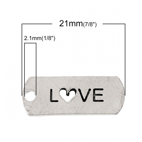 Bild von Zinklegierung Charm Anhänger Rechteck Antiksilber Message " LOVE " 21mm x 8mm, 30 Stücke