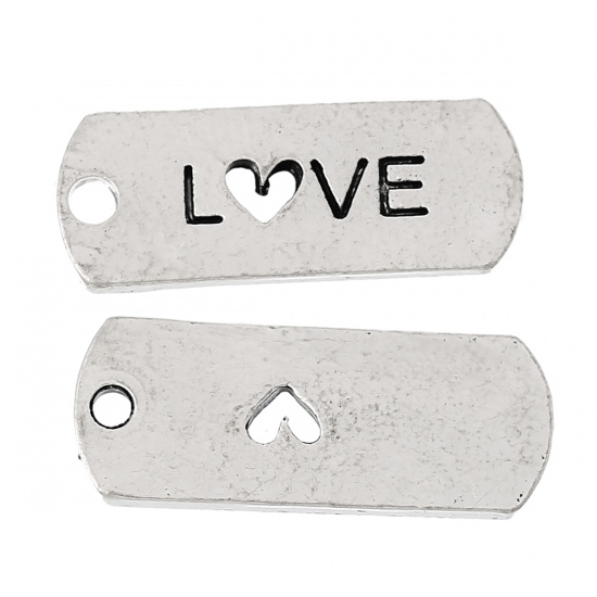 Picture of Zinc Metal Alloy Charm Pendants Rectangle Antique Silver Message " Love " Carved 21mm( 7/8") x 8mm( 3/8"), 30 PCs