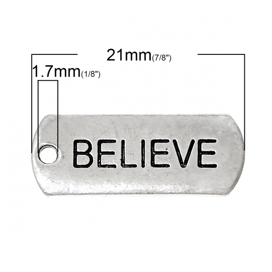 Bild von Zinklegierung Sport Anhänger Rechteck Antiksilber Message " Believe " 21mm x 8mm, 30 Stück