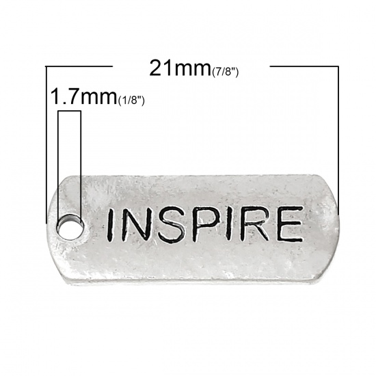 Picture of Zinc Metal Alloy Charm Pendants Rectangle Antique Silver Message " Inspire " Carved 21mm x 8mm( 7/8" x 3/8"), 30 PCs