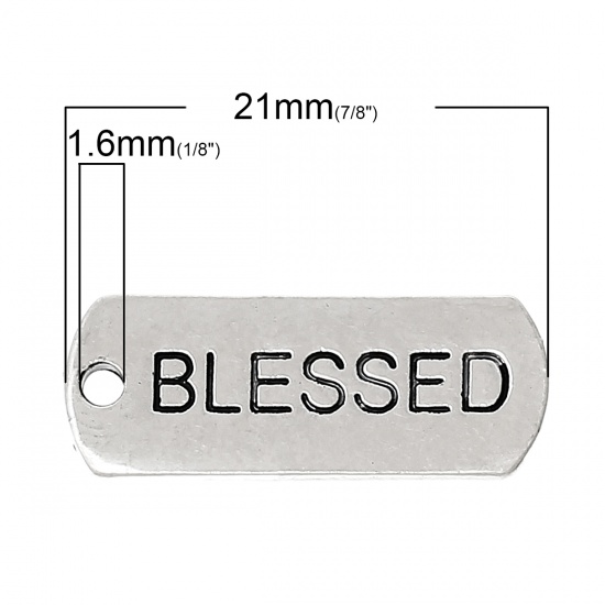 Bild von Zinklegierung Charm Anhänger Rechteck Antiksilber Message " Blessed " 21mm x 8mm, 30 Stücke