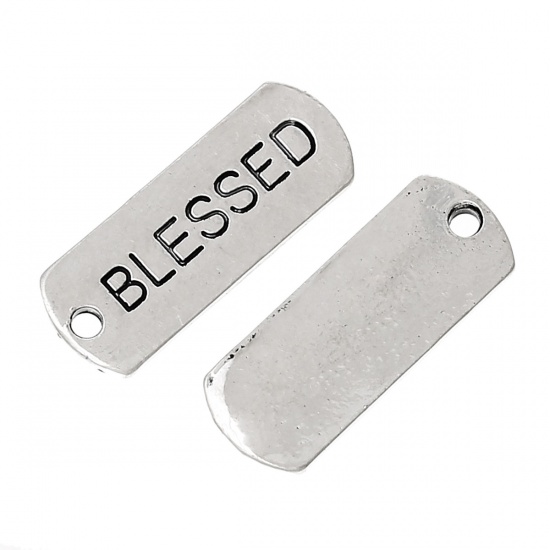Picture of Zinc Metal Alloy Charm Pendants Rectangle Antique Silver Message " Blessed " Carved 21mm x 8mm( 7/8" x 3/8"), 30 PCs