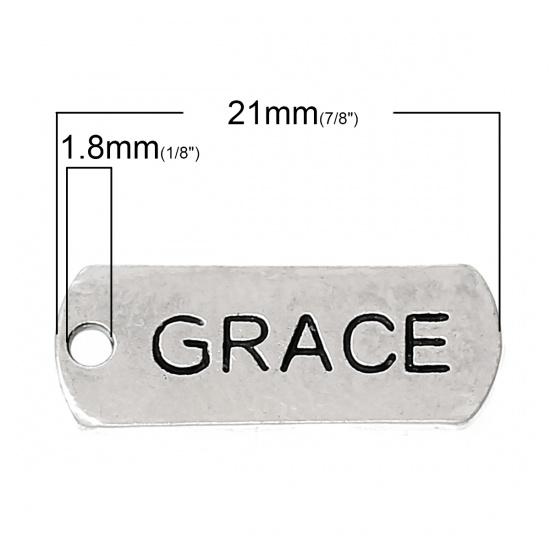 Bild von Zinklegierung Charm Anhänger Rechteck Antiksilber Message " Grace " 21mm x 8mm, 30 Stücke