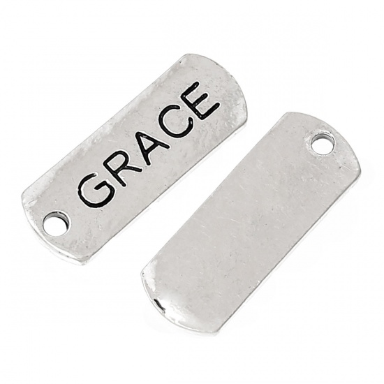 Bild von Zinklegierung Charm Anhänger Rechteck Antiksilber Message " Grace " 21mm x 8mm, 30 Stücke
