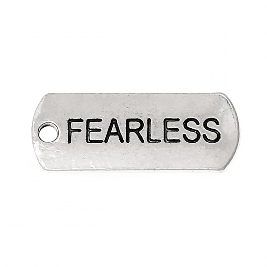 Bild von Zinklegierung Charm Anhänger Rechteck Antiksilber Message " Fearless " 21mm x 8mm, 30 Stücke
