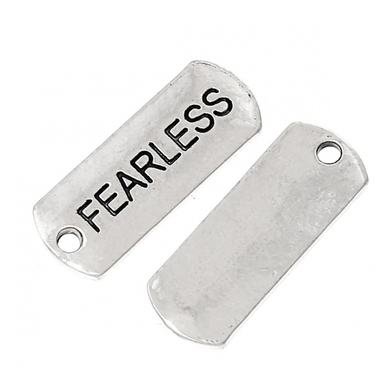 Bild von Zinklegierung Charm Anhänger Rechteck Antiksilber Message " Fearless " 21mm x 8mm, 30 Stücke