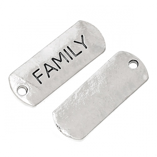 Picture of Zinc Metal Alloy Charm Pendants Rectangle Antique Silver Message " FAMILY " Carved 21mm( 7/8") x 8mm( 3/8"), 30 PCs