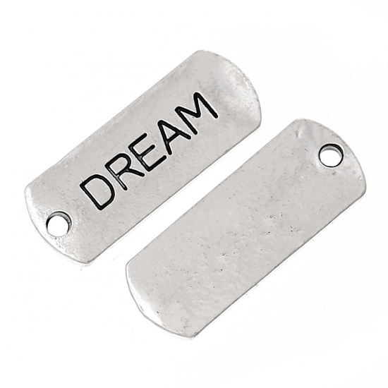 Picture of Zinc Metal Alloy Charm Pendants Rectangle Antique Silver Message " DREAM " Carved 21mm( 7/8") x 8mm( 3/8"), 30 PCs