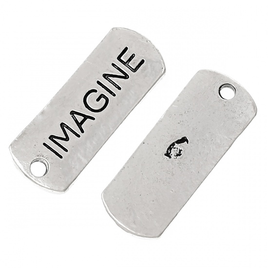 Bild von Zinklegierung Charm Anhänger Rechteck Antiksilber Message " Imagine " 21mm x 8mm, 30 Stücke