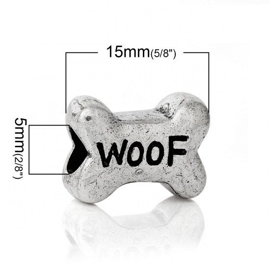 Picture of Zinc Metal Alloy European Style Large Hole Charm Beads Bone Antique Silver Message "Woof" Carved About 15mm x 11mm, Hole: Approx 5mm, 20 PCs