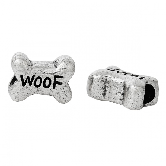 Picture of Zinc Metal Alloy European Style Large Hole Charm Beads Bone Antique Silver Message "Woof" Carved About 15mm x 11mm, Hole: Approx 5mm, 20 PCs
