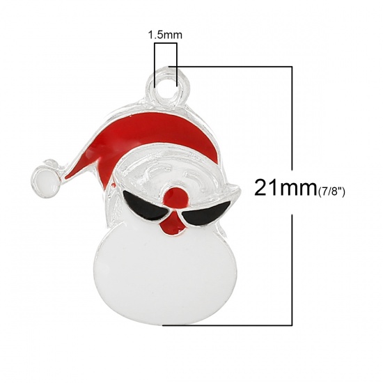 Picture of Zinc Metal Alloy Charm Pendants Christmas Santa Claus Silver Plated White & Red Enamel 21mm x 17mm( 7/8" x 5/8"), 10 PCs