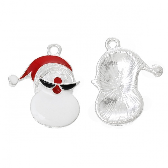 Picture of Zinc Metal Alloy Charm Pendants Christmas Santa Claus Silver Plated White & Red Enamel 21mm x 17mm( 7/8" x 5/8"), 10 PCs