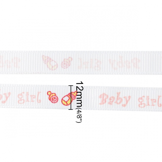 Picture of Polyester Easter Baby Shower Decoration Ribbon Pink Milk Bottle & Pacifier Message "Baby Girl" Pattern 12mm( 4/8"), 1 Roll(Approx 20 Yards/Roll)