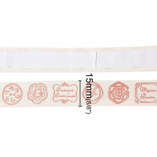 Picture of Cotton Sewing Ribbon Handmade DIY Craft Self-Adhesive Creamy-White Red Message Pattern 10.2x7.9cm(4" x3 1/8"), 2 Rolls(Approx 2 Yards/Roll)