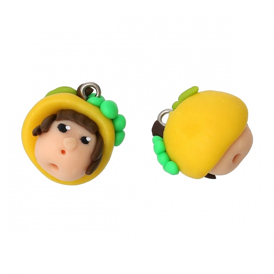 Imagen de 3D Colgantes Arcilla de Muchacha Sombrero Amarillo 20mm x19mm, 10 Unidades