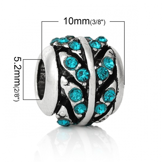 Picture of Zinc Metal Alloy European Style Large Hole Charm Beads Round Antique Silver Leaf Hallow Carved Blue Rhinestone About 12mm Dia, Hole: Approx 5.2mm, 5 PCs